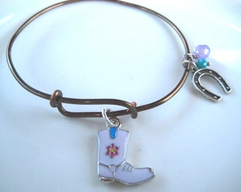 Cowboy boot charm bracelet/adjustable silver bracelet/horseshoe charm bracelet/western charm bracelet