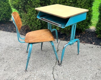 Vintage School Desk Metal -School Desk, Adult Size Desk, Adjustable Desk, Large Quantity 21&quot;-29&quot; Set of 10