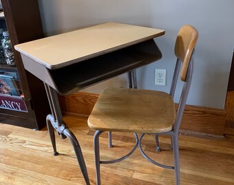 antique childrens desk with attached chair