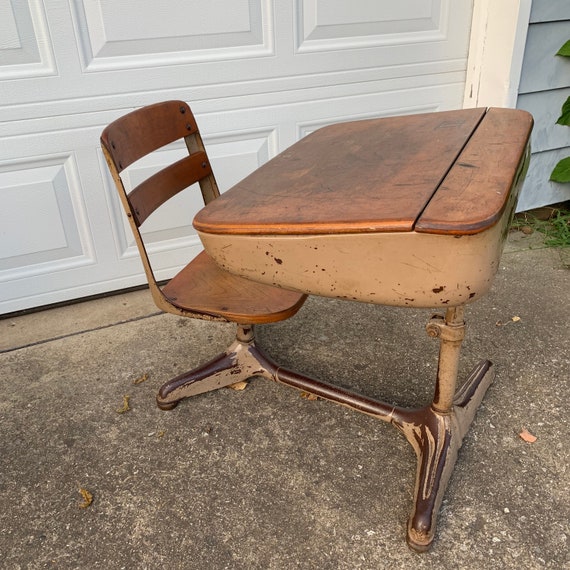 Vintage School Desk Wood And Metal Cubby Desk Wood Desk Old Etsy