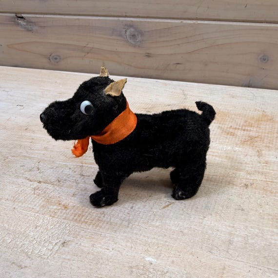 Antique miniature Scottie Terrier dog figure black mohair or similar,  mini dog statuette