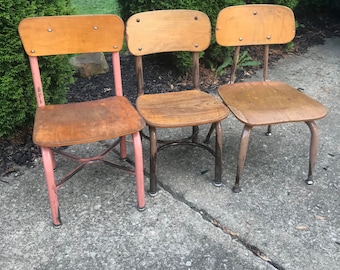 Vintage Wood School Chair, Small Size 12",  Metal School chair, Kindergarten size