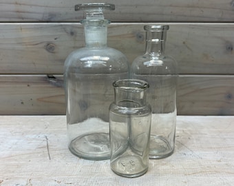 Vintage Science Apothecary Clear Bottles with glass stoppers, Chemistry Classroom, Set of 3