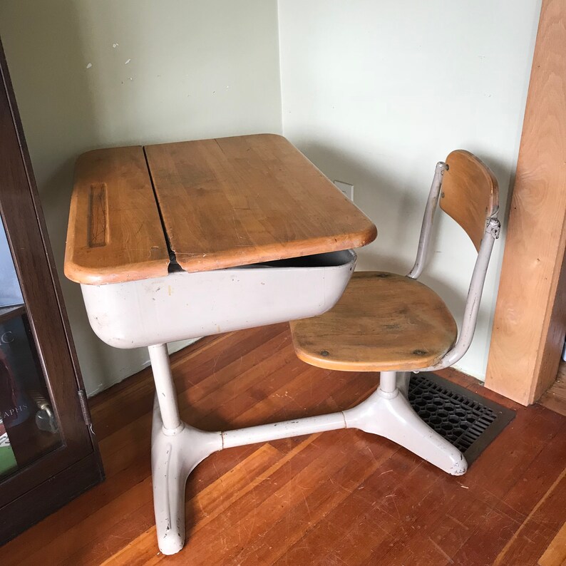 Vintage School Desk Wood And Metal Medium Size Seat Image 0