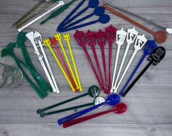 Vintage swizzle sticks lot of 32 collection bar decor or party. Bright fun plastic souvenir drink stirrers for staging retro bar or man cave