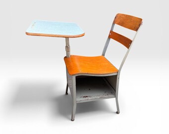 Vintage School Desk Metal, Metal desk seat combo, Cubby Desk, Irwin Desk, Adult size, Adjustable top,laminate Top 17" Seat