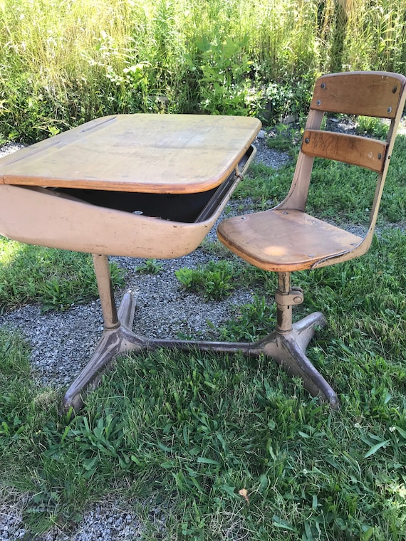 Vintage School Desk Wood And Metal Old School Desk Etsy