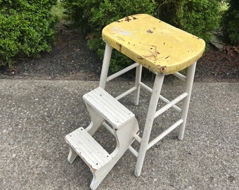 Step Stool, Farm Kitchen Stool, Shabby Chic, Wood Stool, Yellow Stool, Table Stool