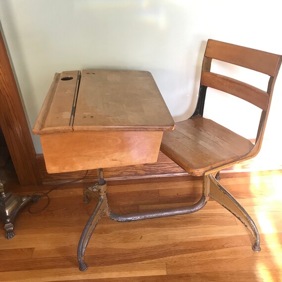 Vintage School Desk Wood And Metal Adjustable Height Adult Etsy