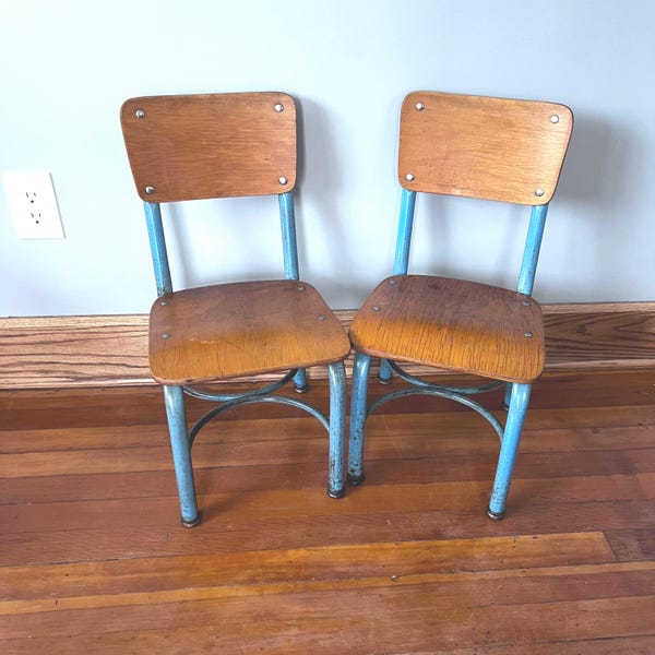 Vintage School Chairs, American Made, Wood and Metal, 12" Kindergarten Chair, SET of 2