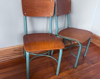 Vintage Wood & Metal School Chair, Industrial School, Blue Chair, Small Size 14" large quantity, SET OF 2