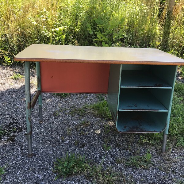 Vintage School Desk Metal, Cubby Desk, Adjustable Heights