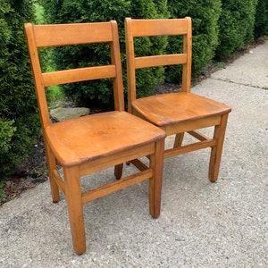 Vintage Wood School Chair Large Seat Size Mid Century Vintage Chair Wood Slat Chair  Desk Chairs, Set of 2, 16” seat height