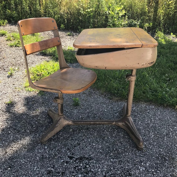 Vintage School Desk Wood And Metal Medium Size Seat