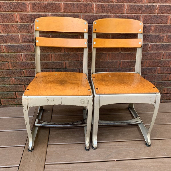 Vintage School Chair, Eames Era, Wood Metal School Chair, Middle Size Chair 15" Set of 2