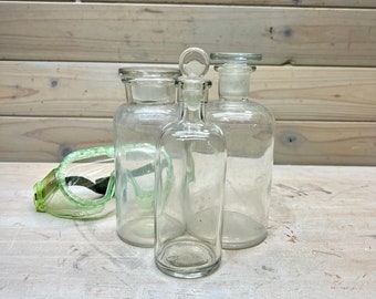 Vintage Science Apothecary Clear Bottles with glass stoppers, Chemistry Classroom, Set of 3