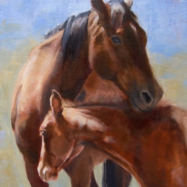Mama's Boy- Fine art original oil painting of mare nurturing her foal in beautiful, realistic detail, 9 X 12" linen, framed or unframed