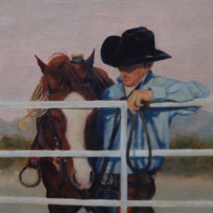 Western original art, cowboy and horse at fence, &quot;At the End of the Day&quot;, 8 x 10&#39; unframed
