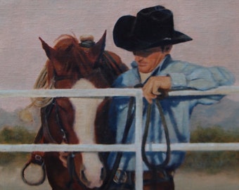 Western original art, cowboy and horse at fence, "At the End of the Day", 8 x 10' unframed