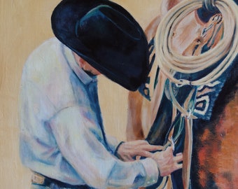 Got it Cinched- Cowboy and horse detail, 10 X 10", oil on linen, unframed