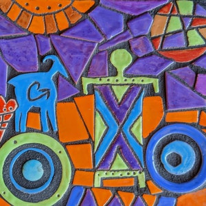 8 X 8&quot; framed ceramic mosaic with bighorn sheep and petroglyph, framed, &quot;Emergence and Trancedence&quot;