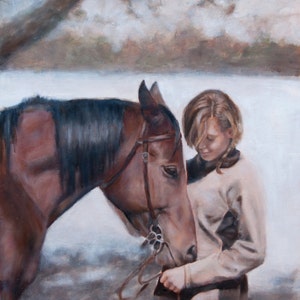 First Crush,original oil on linen 12 X 16&quot; painting of a young girl and her bay horse rendered in exquisite detail