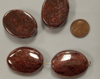 3 Vintage Genuine Porcelain Red Brown AB Tye Dye Washed 36mm Flat Back Oval Beads 2104