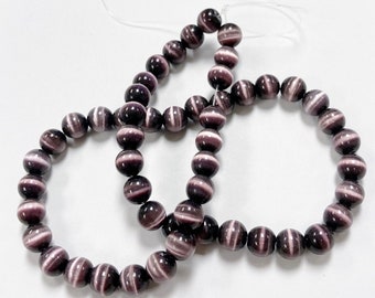 50 Katzenaugen Fiber Optik Glas Amethyst 8 mm. Glatte Runde Perlen 2566