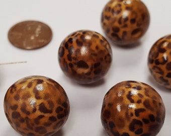 12 Vintage Leopard Animal Print 19mm. Smooth Round Genuine Wood Beads N587