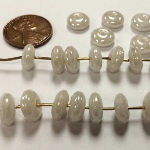 36 Vintage West German Glass White Pearlized 4x9mm. Rondelle Spacer Beads 4739