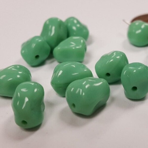 24 Vintage West German Glass Green Turquoise 11X9mm. Oval Baroque Nugget Beads 4720