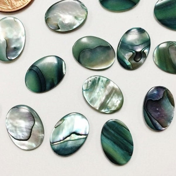 12 Vintage Genuine Green Abalone Mother of Pearl Paua Shell 14x10mm. Oval Cabochons 1260