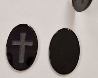 2 Vintage Genuine Black Onyx Gemstone 14x10mm. Oval Cross Etched Cabochon Plaques R711