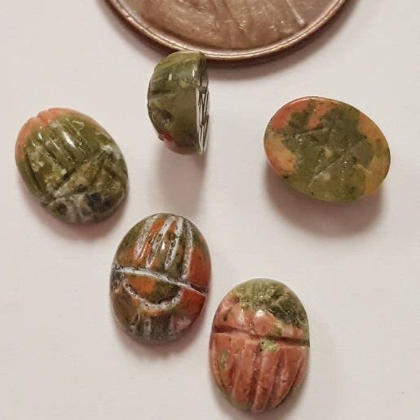 6 Vintage Japanese Genuine Epidote Unakite Gemstone 8x6mm. Oval Scarabs R876