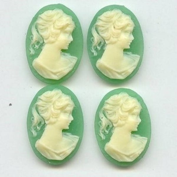 6 Vintage Hong Kong Green Victorian Lady Head Pony Tail Acrylic 25x18mm. Oval Cameos C53