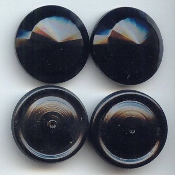 6 Vintage Jet Black Glass Pointed Faceted Top 27mm. Round Cabochons 6972