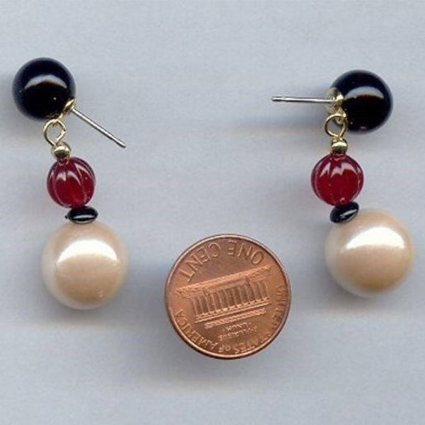 6 Vintage Jet Ruby Pearl Acrylic Beaded 1.25" Dangle Drop Pierced Earrings 3363