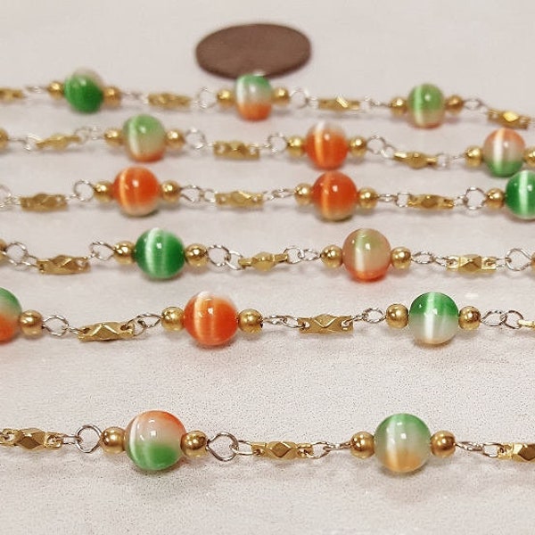 5 Ft Vintage Glass Green Orange White Givre Cats Eye 6mm. Beaded Brass Rosary Chain 4221