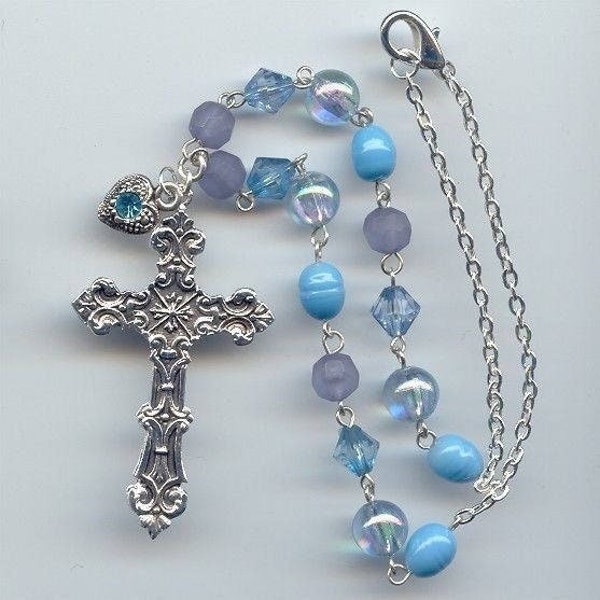 1 Vintage Silver Blue Beaded Fancy Cross 15" Necklaces M78