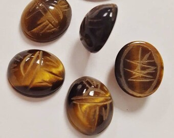 3 Vintage Japanese Genuine Tiger Eye Gemstone 12x10mm. Oval Scarabs R862