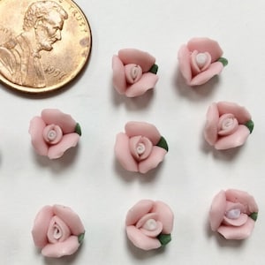 12 Vintage Handmade Porcelain Pink White Rose Flower 8mm. Cameo Cabochons CF2