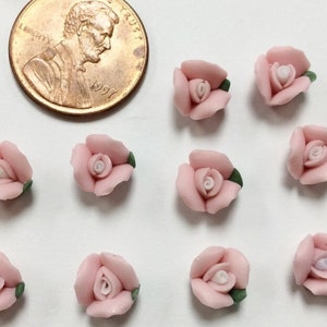 12 Vintage Handmade Porcelain Pink White Rose Flower 8mm. Cameo Cabochons CF2