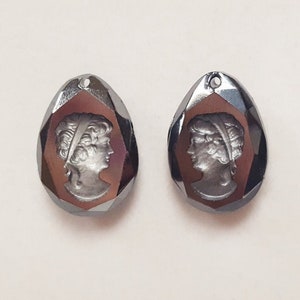 Pair Vintage Hematite Glass Lady Headband 20mm. Drop Intaglio Cameo Charm Pendants 1014