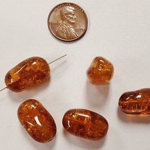 6 Vintage Topaz Crackle Glass 20x12mm. Oval Baroque Sparkle Beads N588
