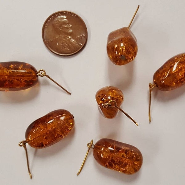 6 Vintage Topaz Crackle Glass 20x12mm. Oval Baroque Beaded Eye Pin Charms N589