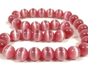 30 Cat's Eye Fiber Optic Glass Dark Pink 12mm. Smooth Round Loose Beads 2620L