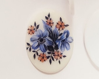 Vintage Glass Blue & Pink Floral 40x30mm Oval West German Flower Limoge Cameo Cabochon 115