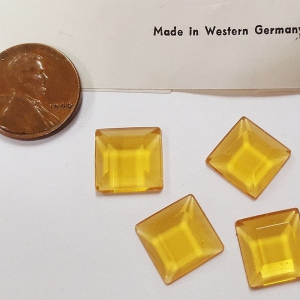 12 Vintage German Glass Topaz 12mm. Square Table Top Faceted Cabochons 4506