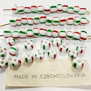 50 Vintage Czech Glass Candy Cane Red, White & Green Striped Holiday Beads 1770