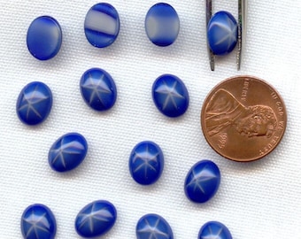 12 Vintage Glass Blue Star Sapphire 10x8mm. Oval Cabochons  R455